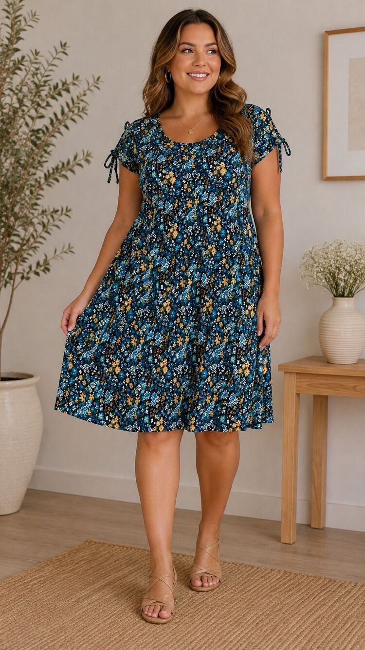 Terra & Sky 1X Blue Yellow Floral Knee Length Swing Dress